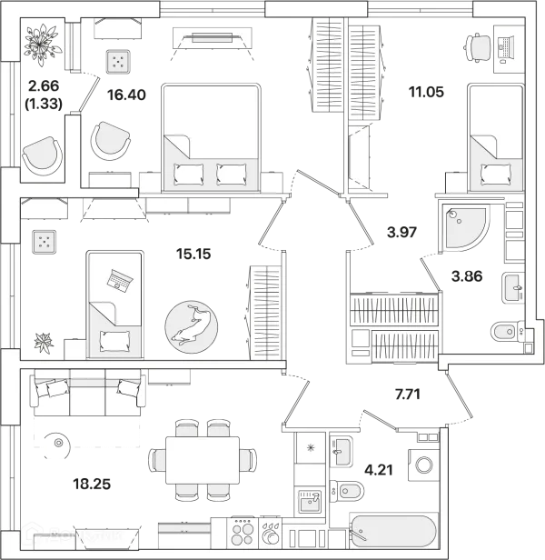 Планировка 3 комн. в ЖК Академик
