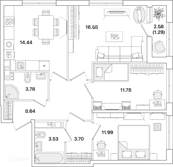 Планировка 3 комн. в ЖК Академик