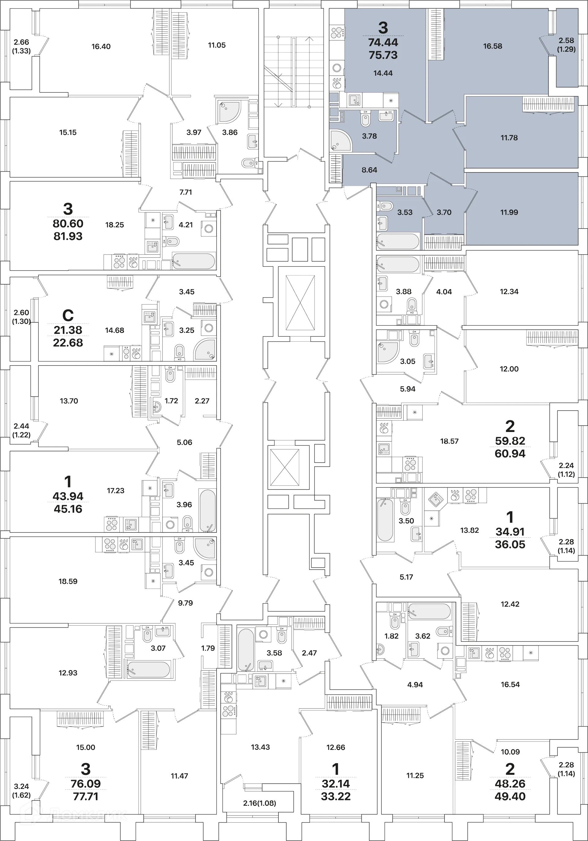 Планировка 3-комнатной квартиры 75.6 м² в ЖК Академик, г. Санкт-Петербург — фото 2