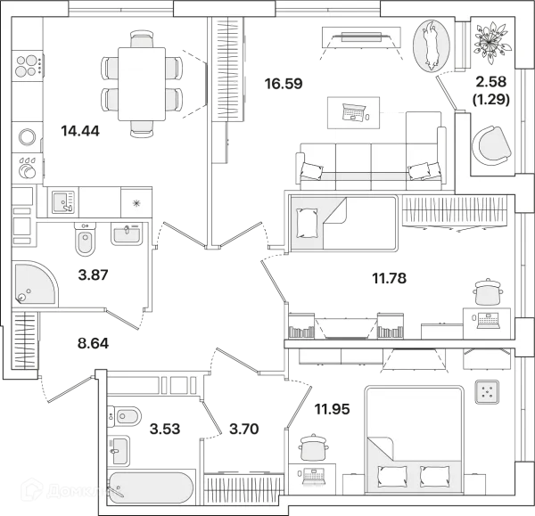 Планировка 3 комн. в ЖК Академик