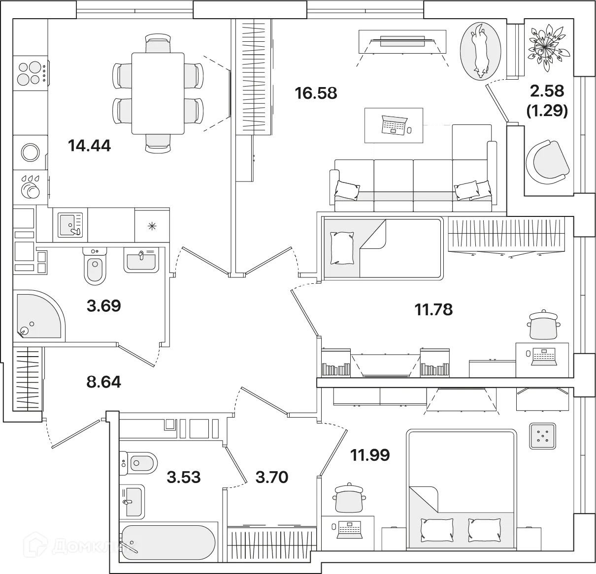 Планировка 3-комнатной квартиры 75.2 м² в ЖК Академик, г. Санкт-Петербург — фото 4