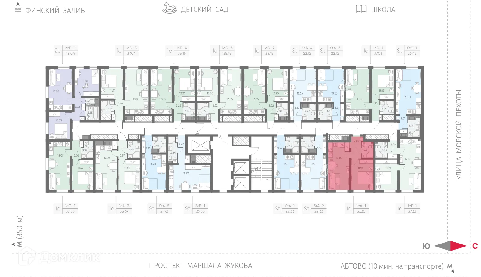 Планировка 1-комнатной квартиры 37.3 м² в ЖК Морская миля, г. Санкт-Петербург — фото 2