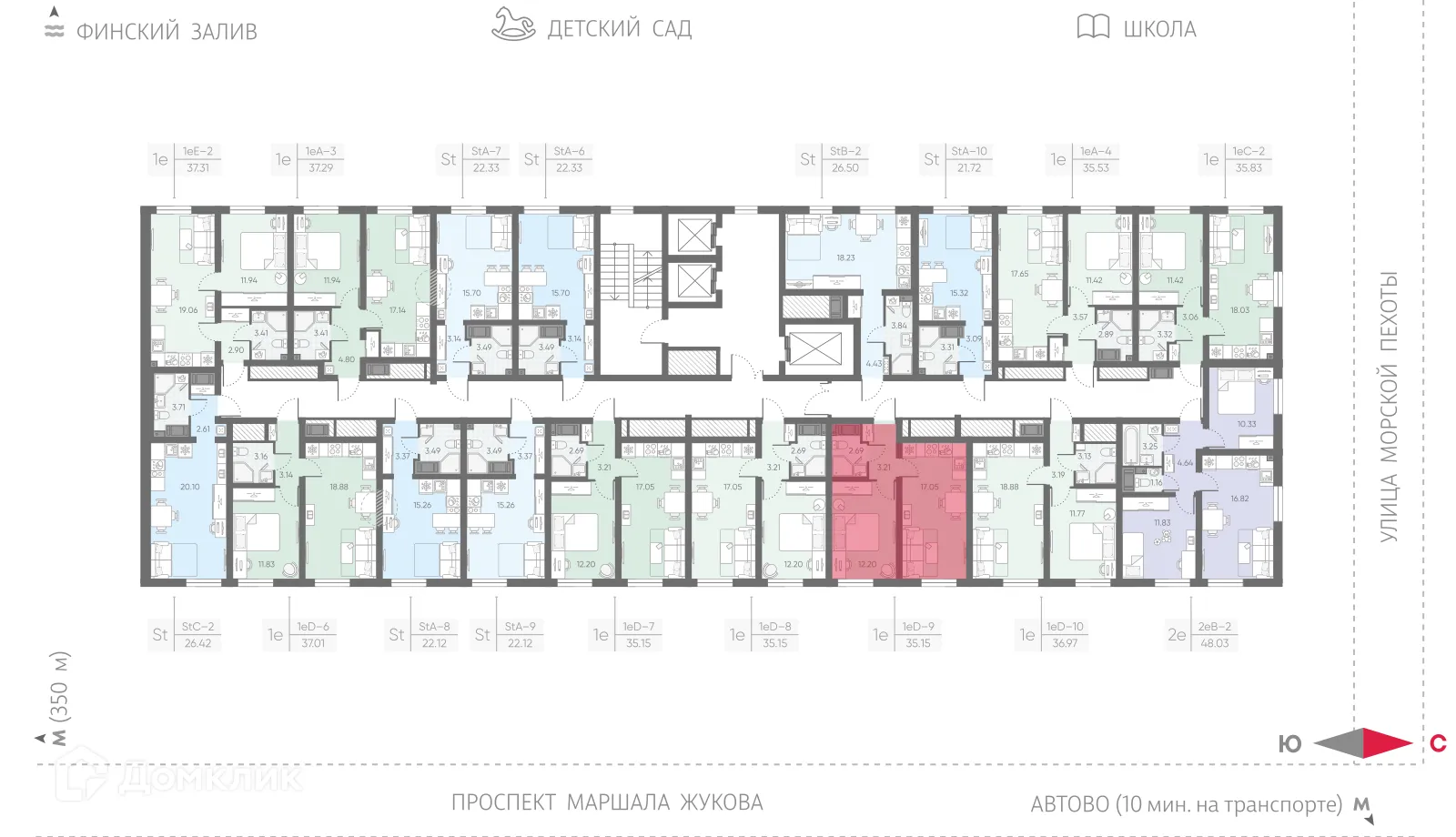 Планировка 1-комнатной квартиры 35.15 м² в ЖК Морская миля, г. Санкт-Петербург — фото 2