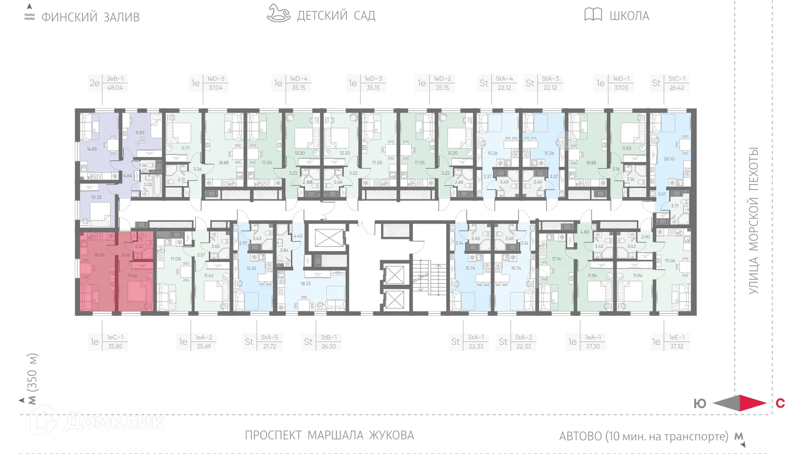 Планировка 1-комнатной квартиры 35.85 м² в ЖК Морская миля, г. Санкт-Петербург — фото 2
