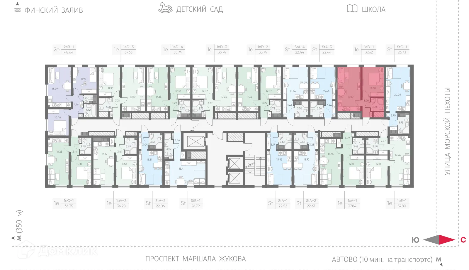 Планировка 1-комнатной квартиры 37.62 м² в ЖК Морская миля, г. Санкт-Петербург — фото 2