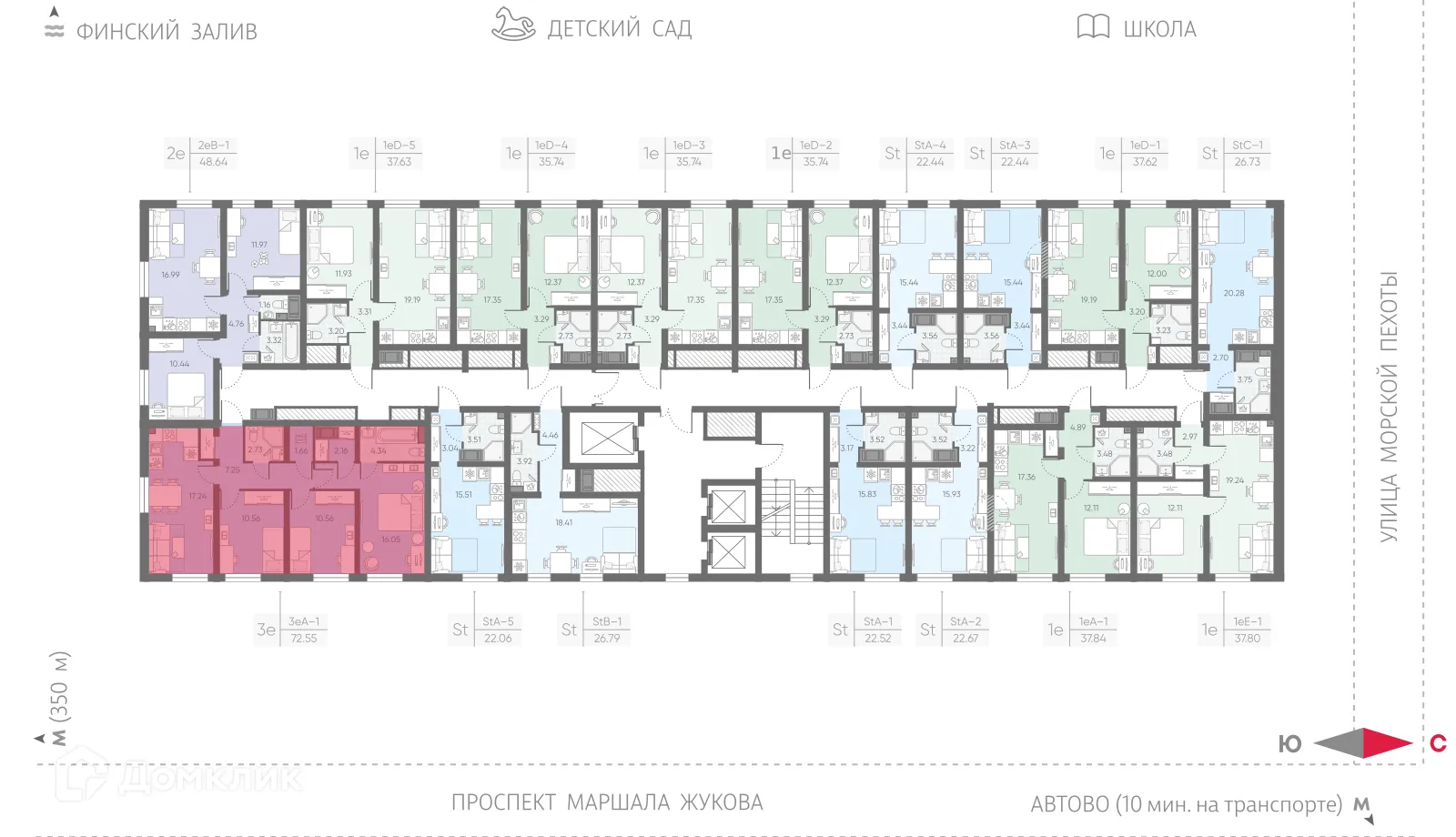 Планировка 3-комнатной квартиры 72.55 м² в ЖК Морская миля, г. Санкт-Петербург — фото 2