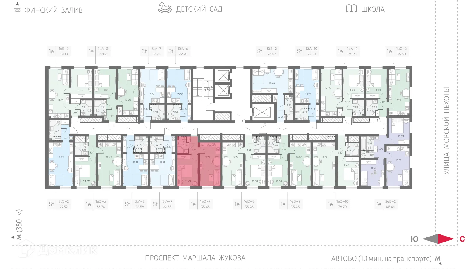 Планировка 1-комнатной квартиры 35.45 м² в ЖК Морская миля, г. Санкт-Петербург — фото 2