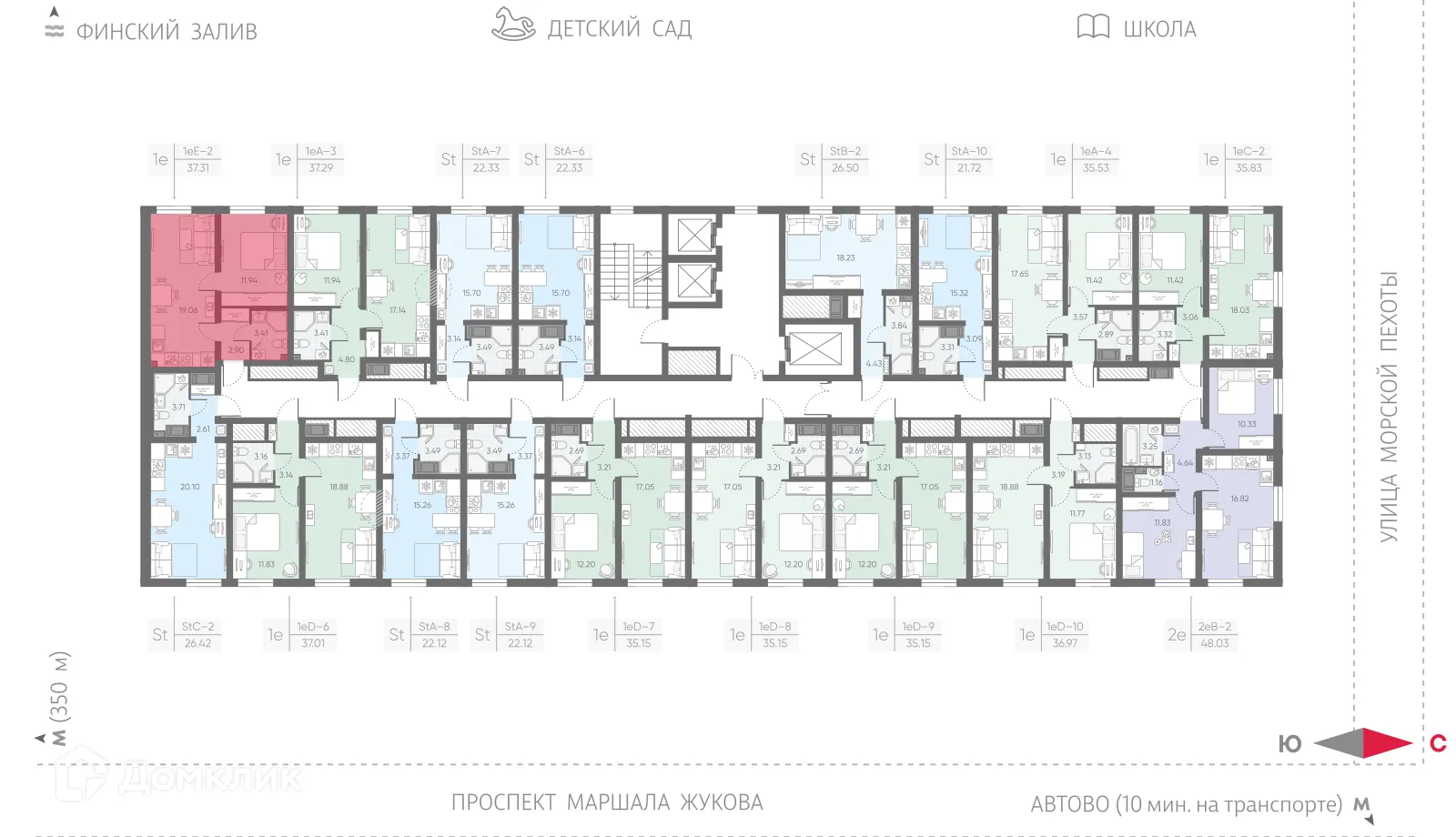 Планировка 1-комнатной квартиры 37.31 м² в ЖК Морская миля, г. Санкт-Петербург — фото 2