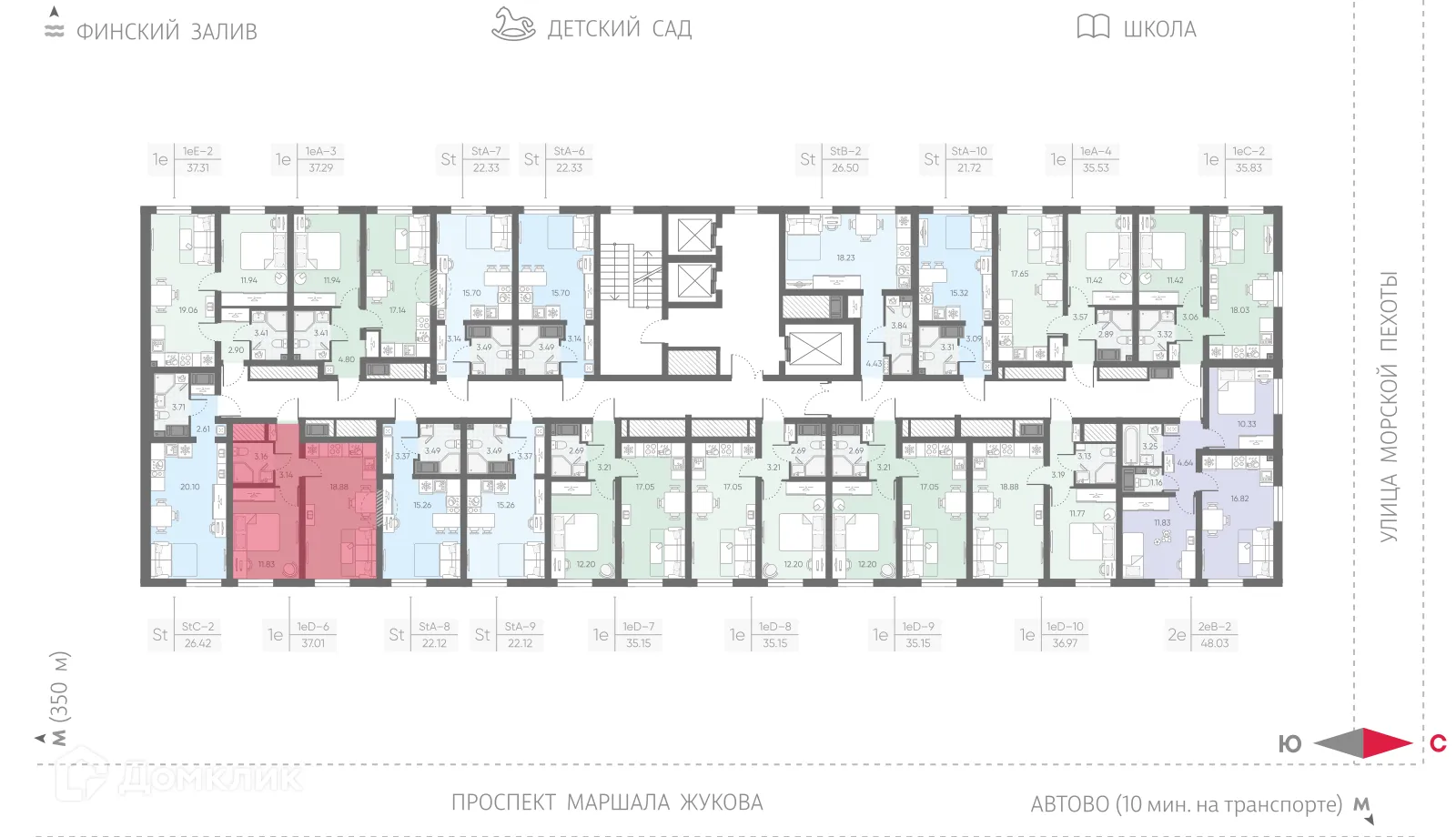 Планировка 1-комнатной квартиры 37.01 м² в ЖК Морская миля, г. Санкт-Петербург — фото 2