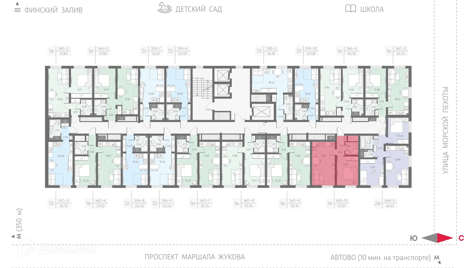 Планировка 1-комнатной квартиры 37.55 м² в ЖК Морская миля, г. Санкт-Петербург — фото 2