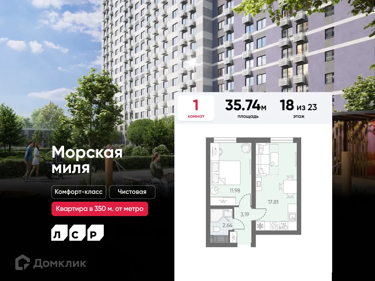 Планировка 1-комнатной квартиры 35.74 м² в ЖК Морская миля, г. Санкт-Петербург — фото 1