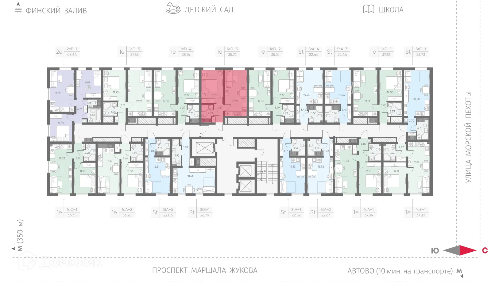 Планировка 1-комнатной квартиры 35.74 м² в ЖК Морская миля, г. Санкт-Петербург — фото 2