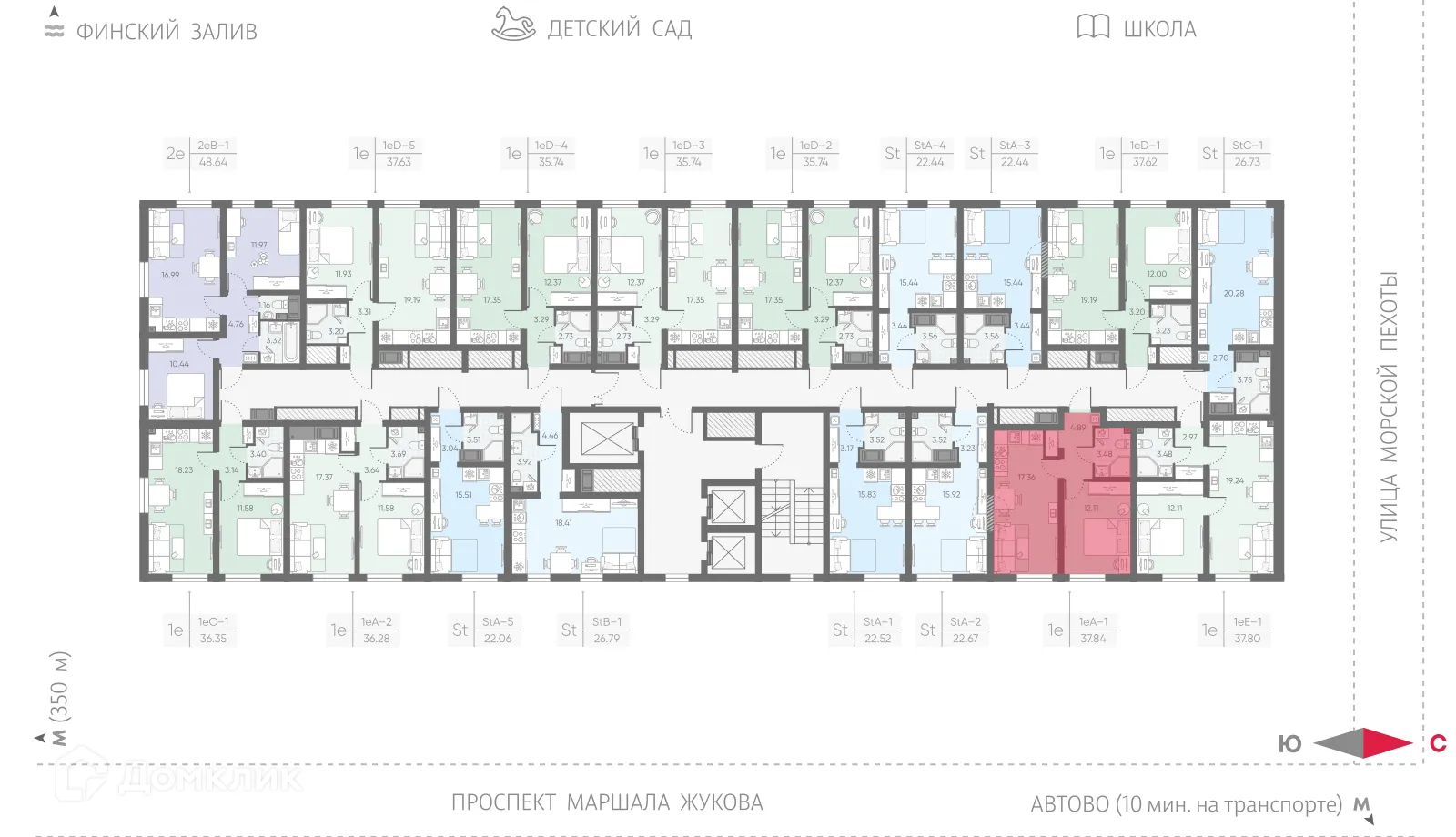 Планировка 1-комнатной квартиры 37.84 м² в ЖК Морская миля, г. Санкт-Петербург — фото 2