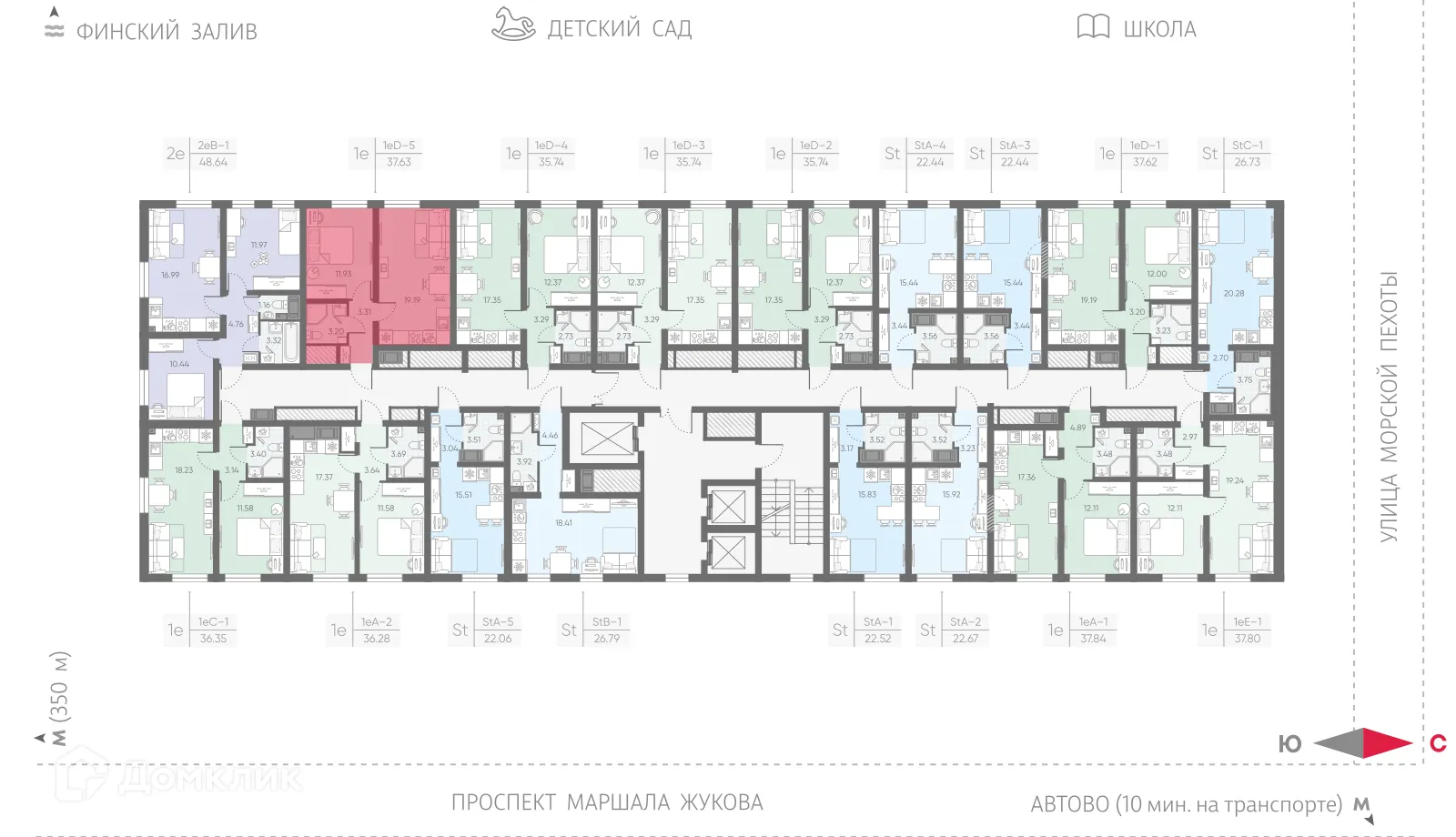 Планировка 1-комнатной квартиры 37.63 м² в ЖК Морская миля, г. Санкт-Петербург — фото 2