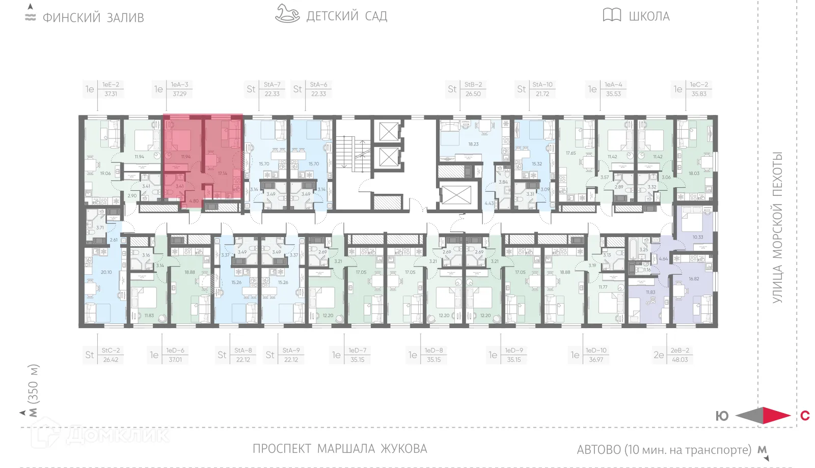 Планировка 1-комнатной квартиры 37.29 м² в ЖК Морская миля, г. Санкт-Петербург — фото 2