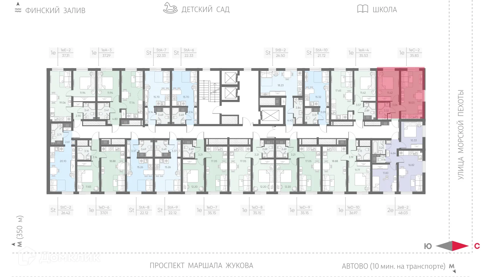 Планировка 1-комнатной квартиры 35.83 м² в ЖК Морская миля, г. Санкт-Петербург — фото 2