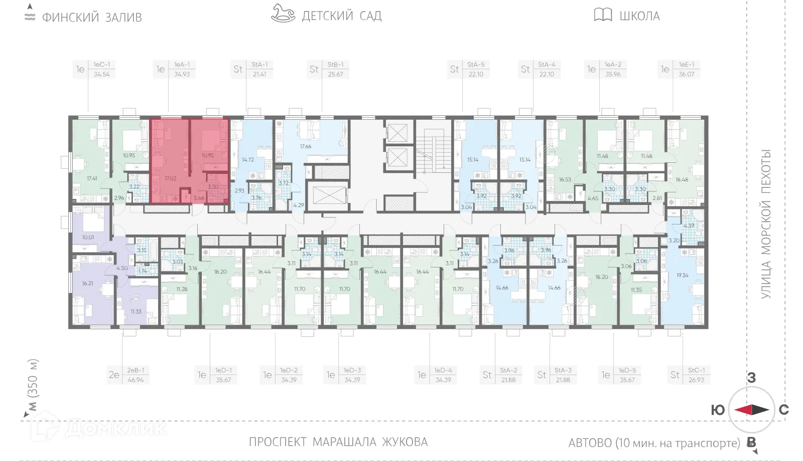 Планировка 1-комнатной квартиры 34.93 м² в ЖК Морская миля, г. Санкт-Петербург — фото 2