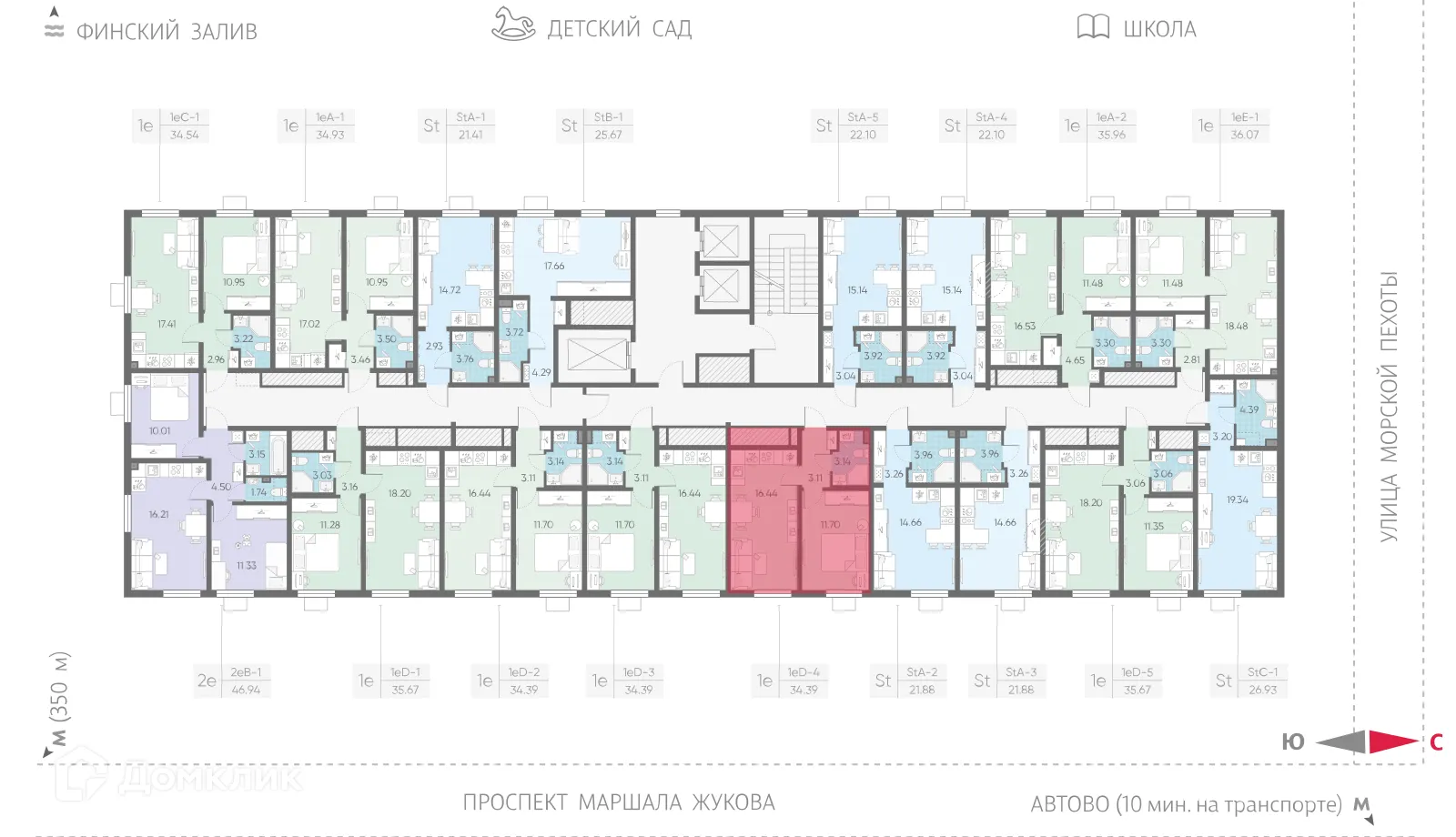 Планировка 1-комнатной квартиры 34.39 м² в ЖК Морская миля, г. Санкт-Петербург — фото 2