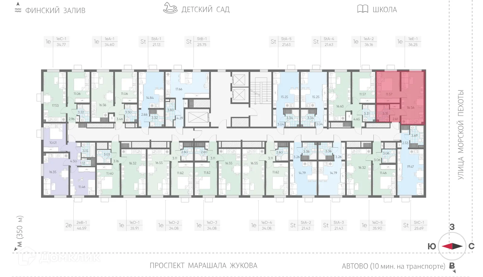 Планировка 1-комнатной квартиры 36.25 м² в ЖК Морская миля, г. Санкт-Петербург — фото 2