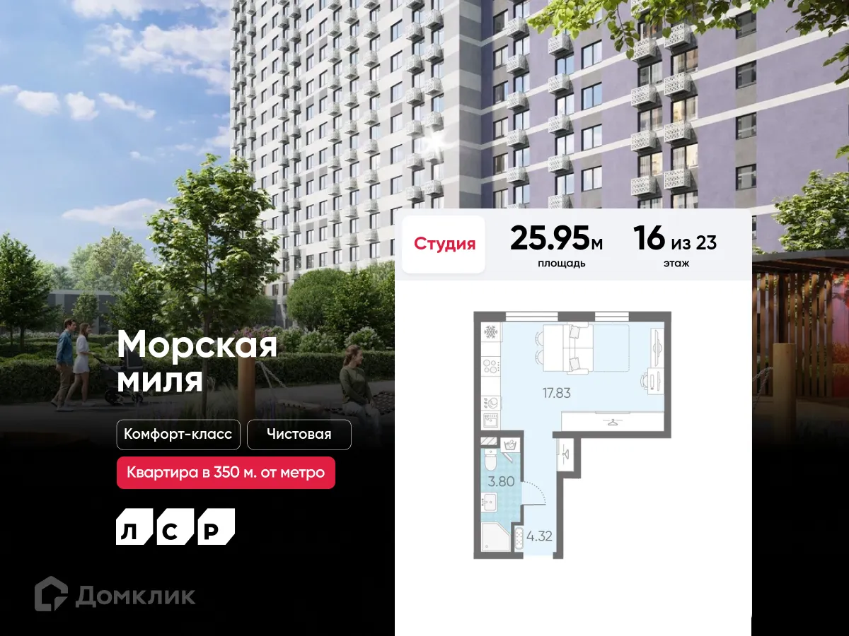 Планировка студии квартиры 25.95 м² в ЖК Морская миля, г. Санкт-Петербург — фото 1