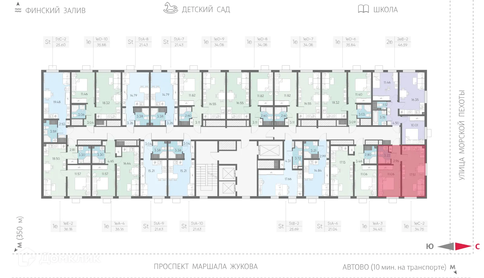 Планировка 1-комнатной квартиры 34.75 м² в ЖК Морская миля, г. Санкт-Петербург — фото 2