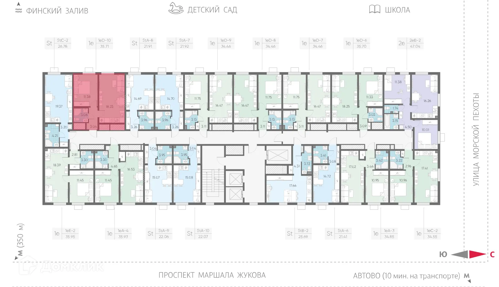 Планировка 1-комнатной квартиры 35.71 м² в ЖК Морская миля, г. Санкт-Петербург — фото 2