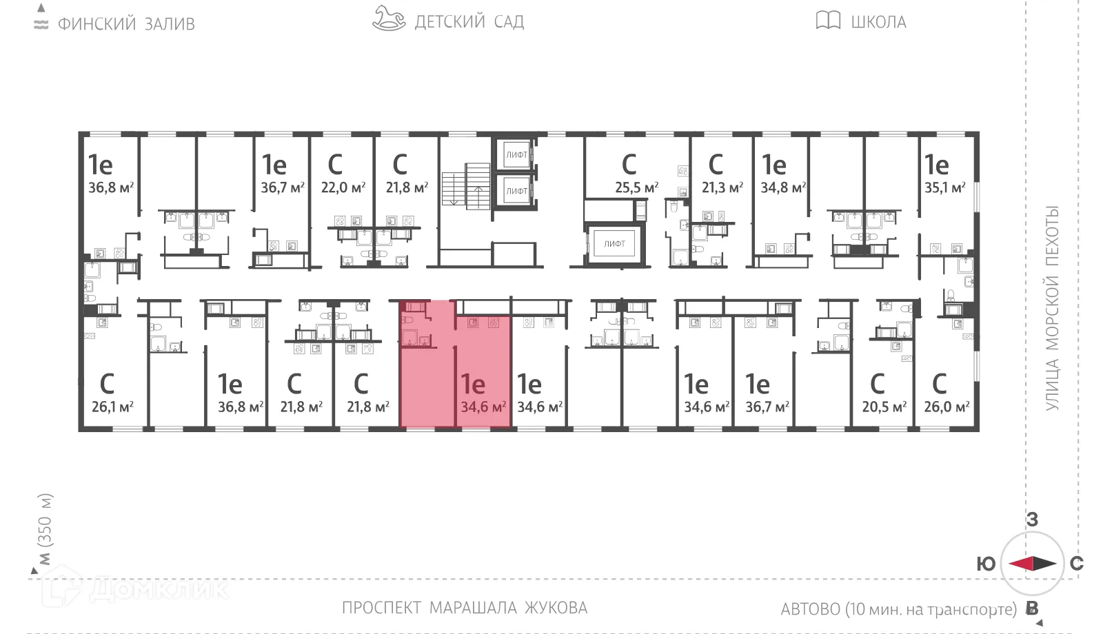 Планировка 1-комнатной квартиры 34.4 м² в ЖК Морская миля, г. Санкт-Петербург — фото 2