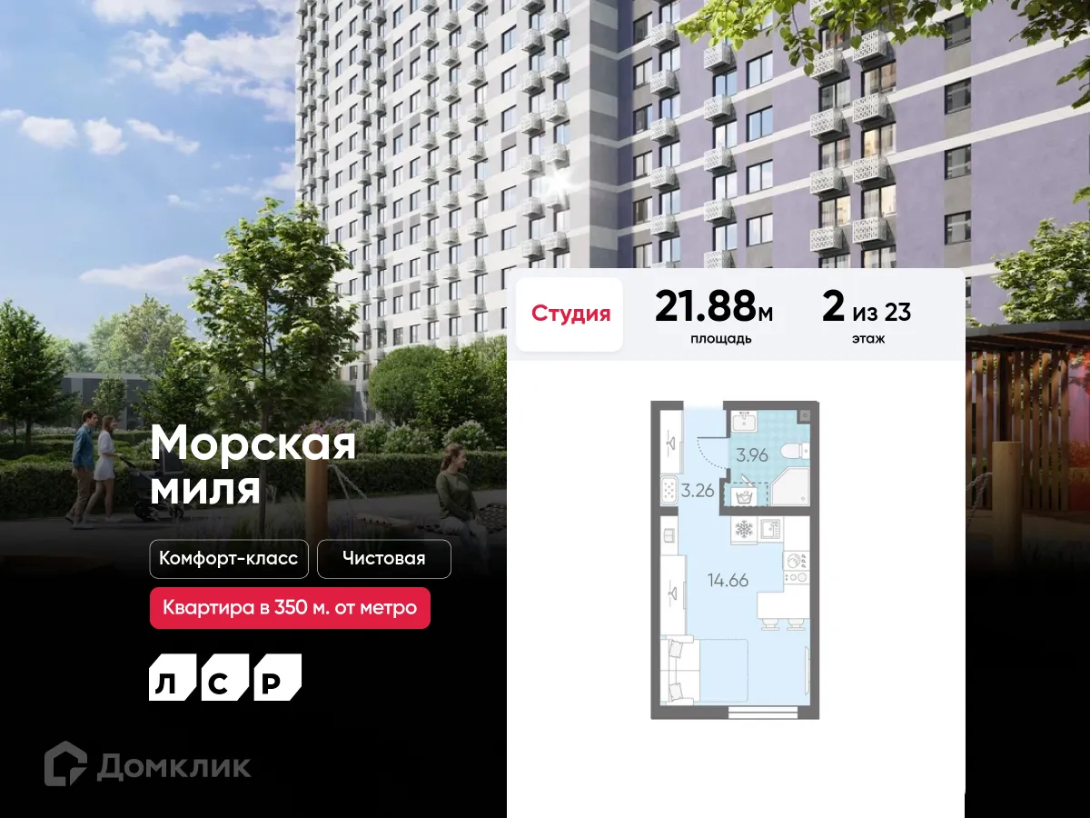 Планировка студии квартиры 21.88 м² в ЖК Морская миля, г. Санкт-Петербург — фото 1