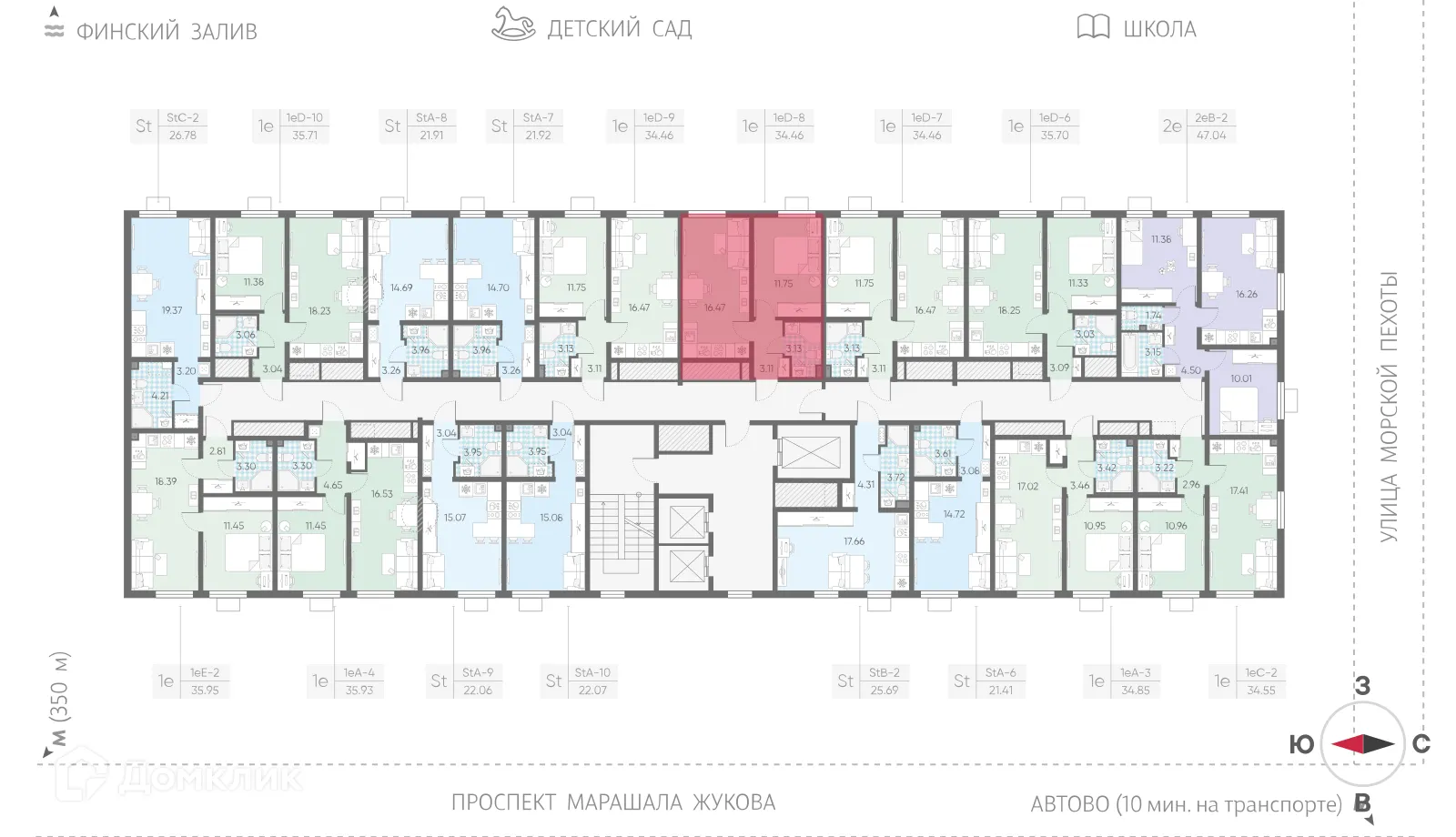Планировка 1-комнатной квартиры 34.46 м² в ЖК Морская миля, г. Санкт-Петербург — фото 2