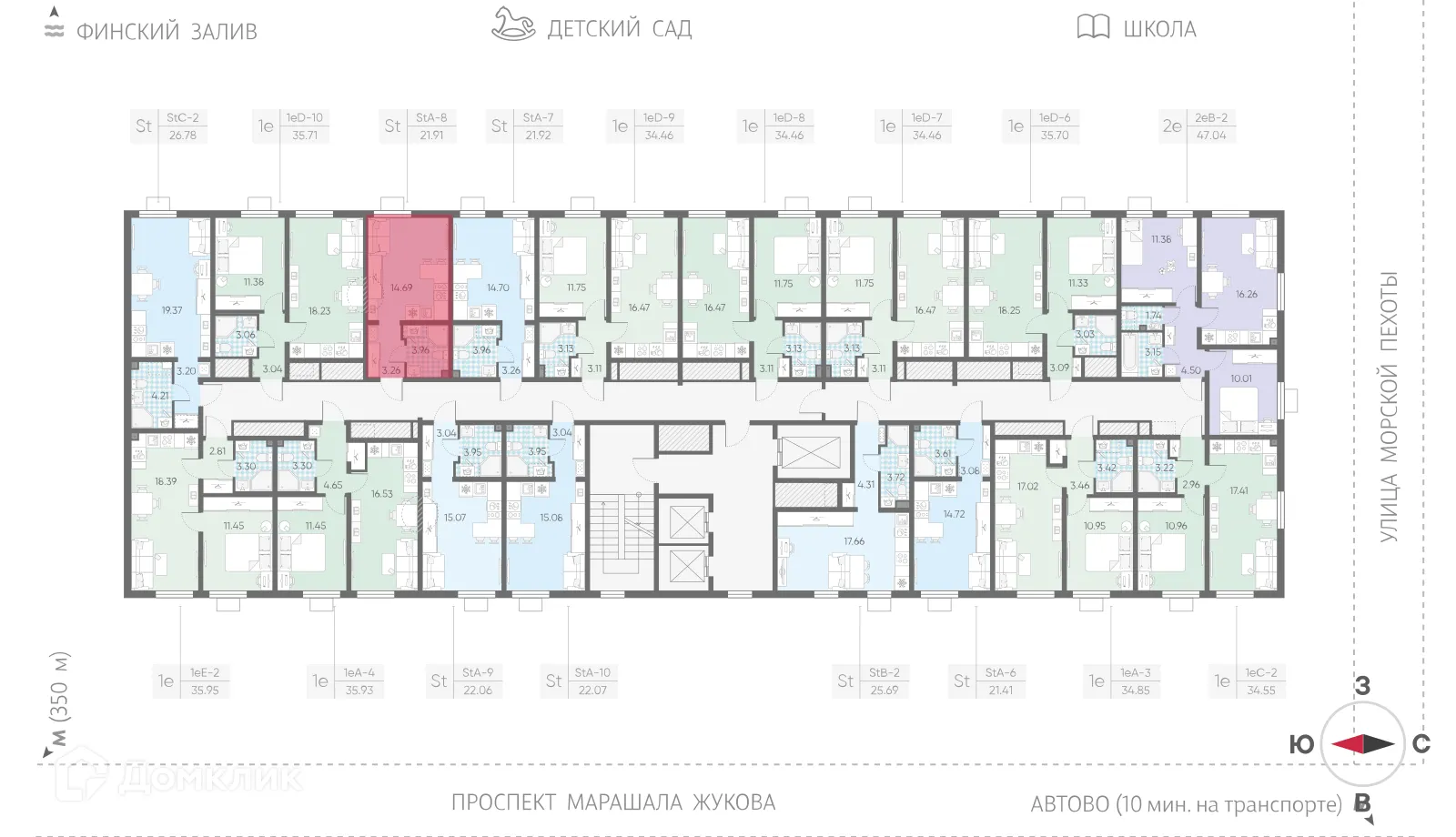 Планировка студии квартиры 21.91 м² в ЖК Морская миля, г. Санкт-Петербург — фото 2