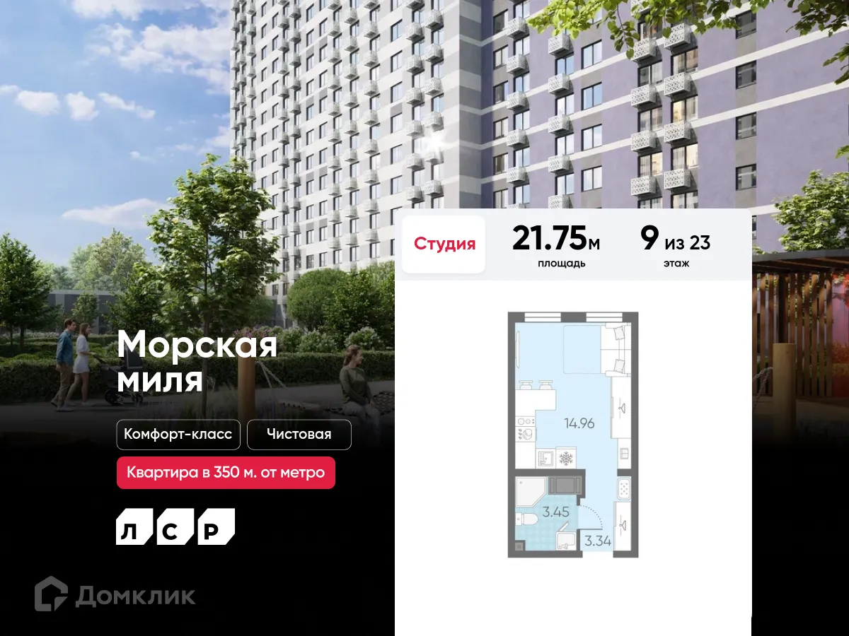 Планировка студии квартиры 21.75 м² в ЖК Морская миля, г. Санкт-Петербург — фото 1
