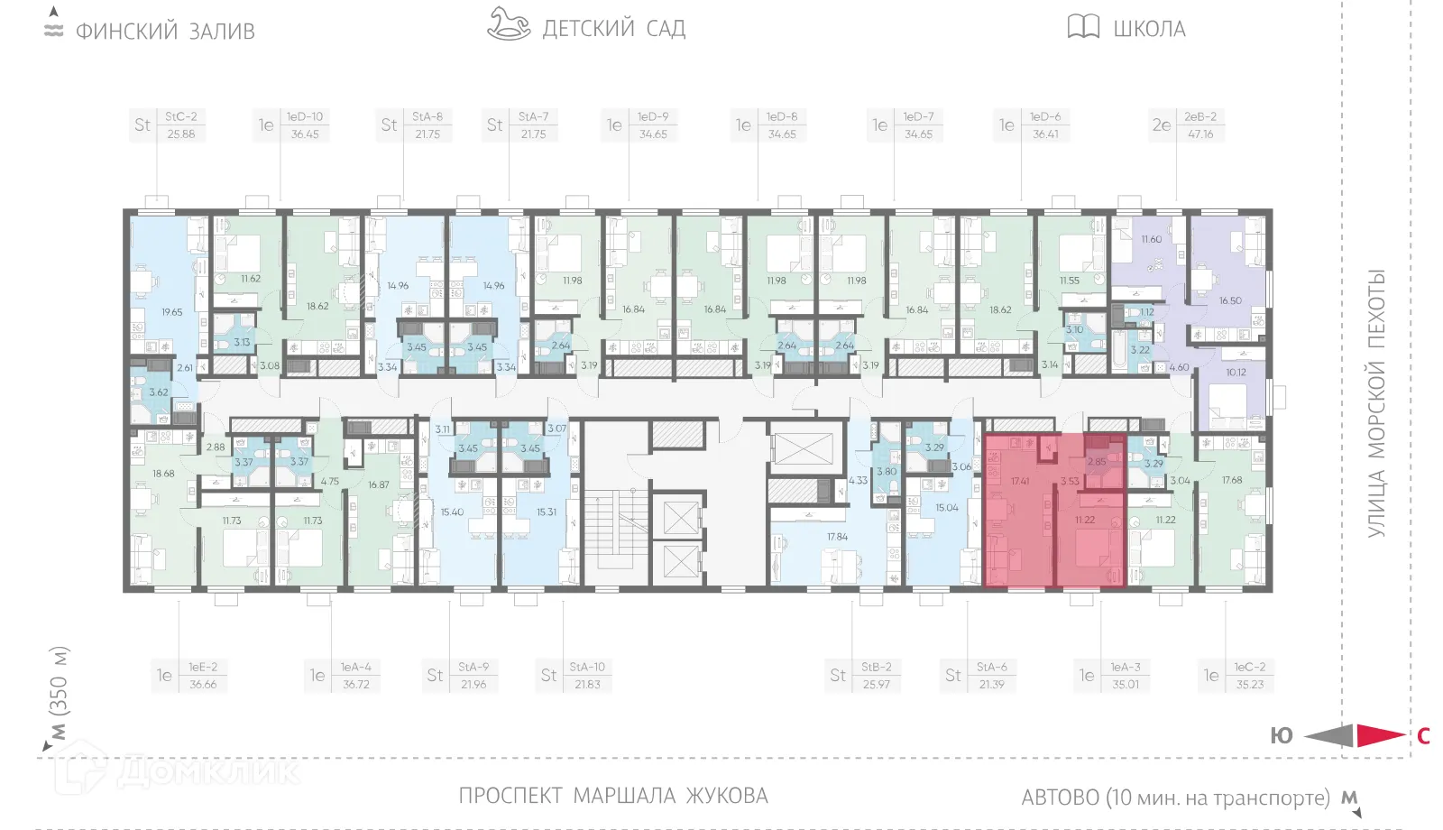 Планировка 1-комнатной квартиры 35.01 м² в ЖК Морская миля, г. Санкт-Петербург — фото 2