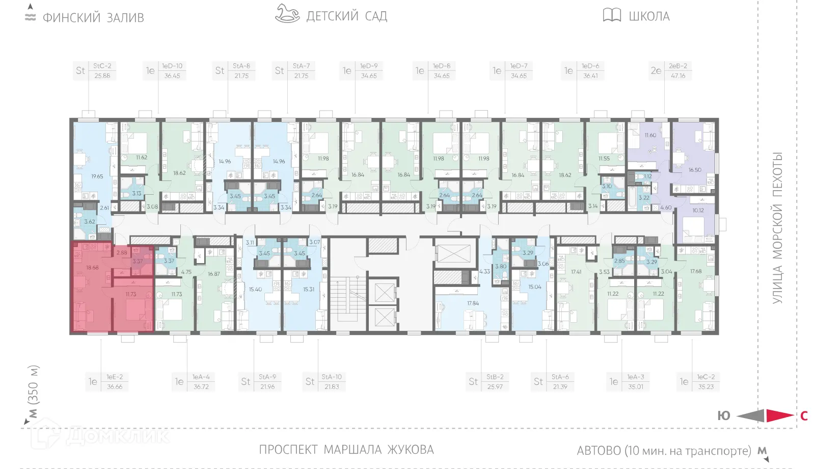 Планировка 1-комнатной квартиры 36.66 м² в ЖК Морская миля, г. Санкт-Петербург — фото 2