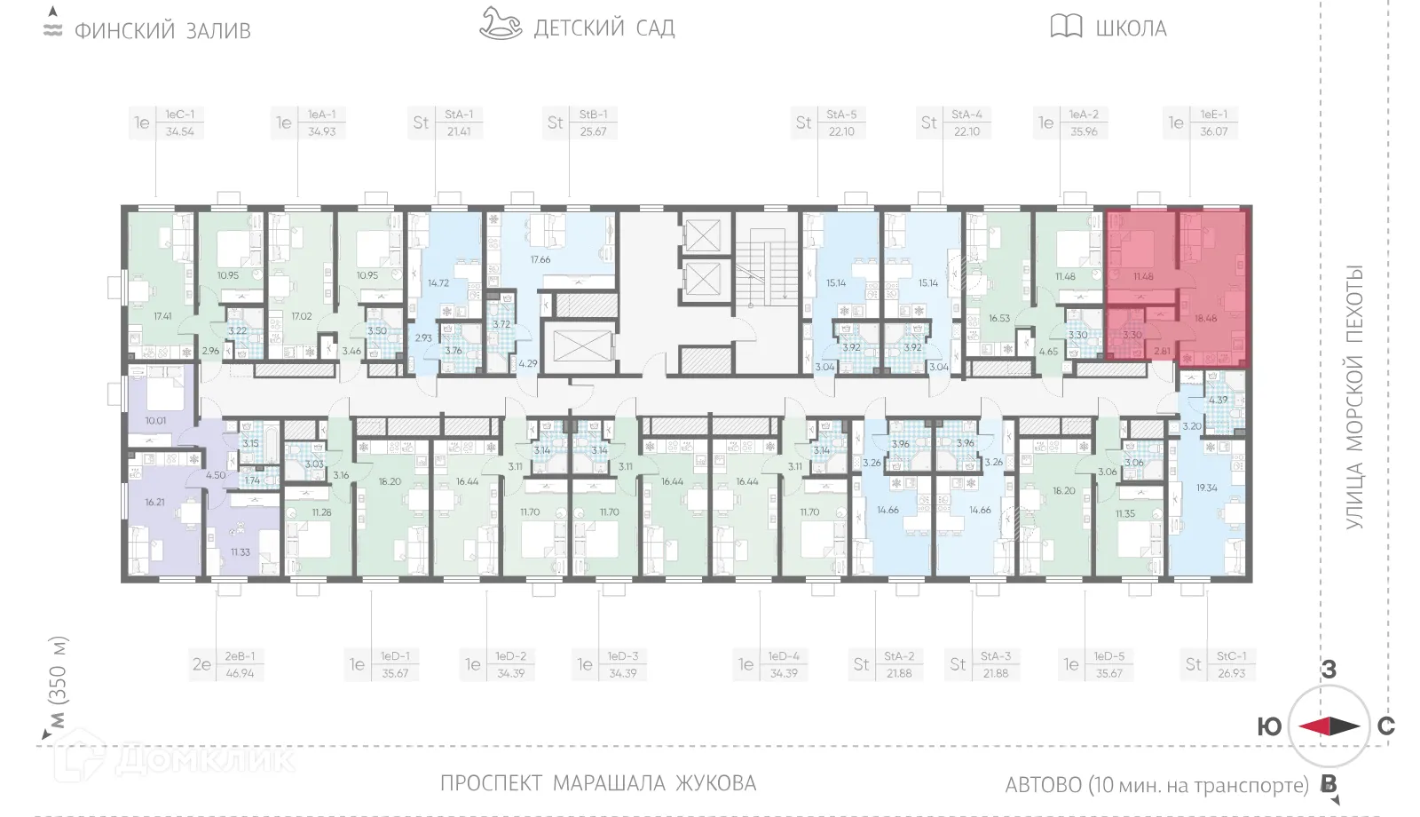 Планировка 1-комнатной квартиры 36.07 м² в ЖК Морская миля, г. Санкт-Петербург — фото 2
