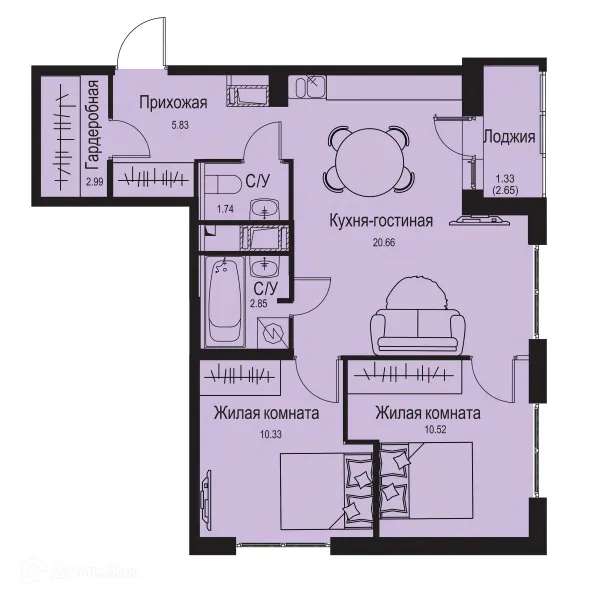 Планировка 2 комн. в ЖК ID Kudrovo II (Айди Кудрово II)