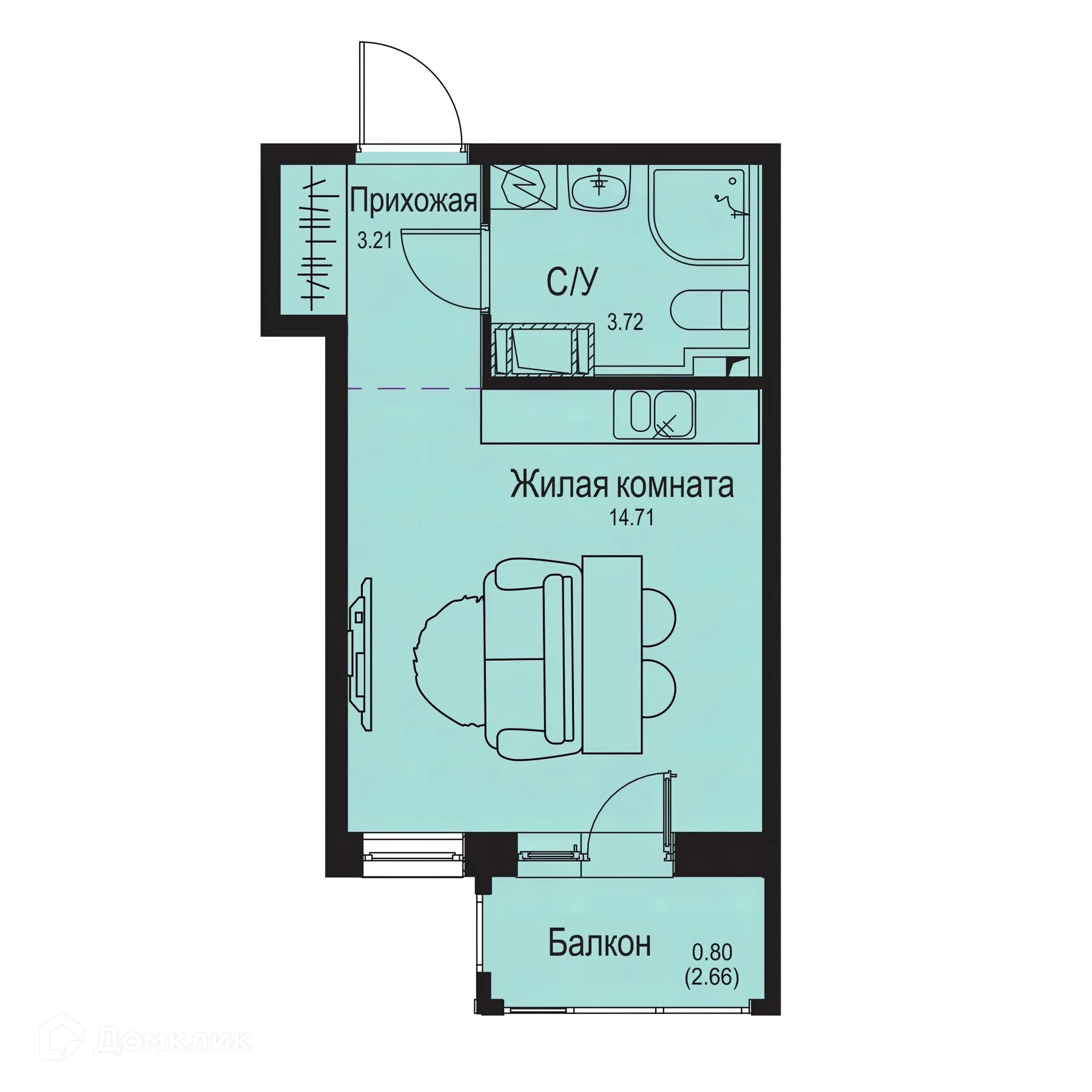 Планировка студии квартиры 22.44 м² в ЖК ID Kudrovo II (Айди Кудрово II), г. Санкт-Петербург — фото 1