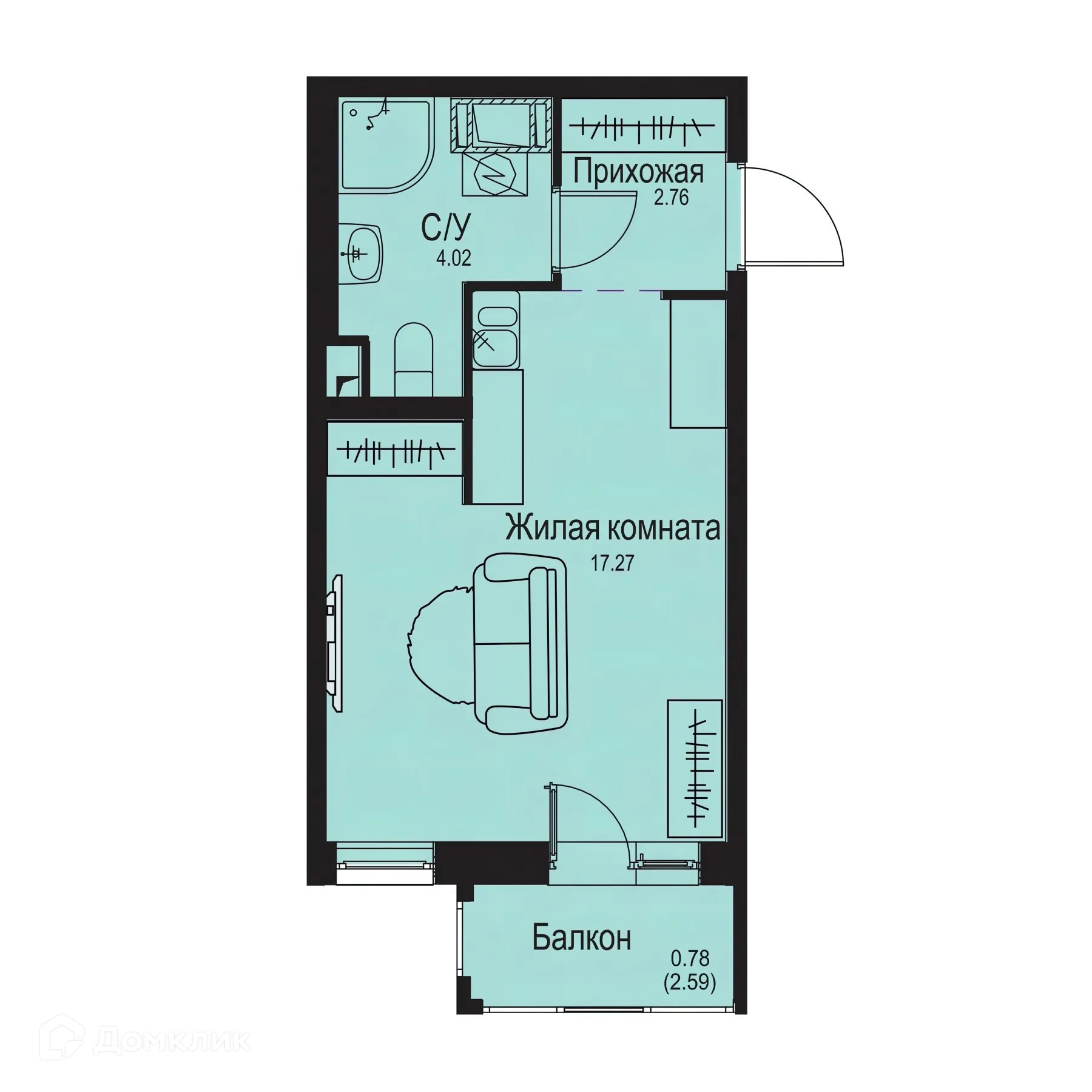 Планировка студии квартиры 24.83 м² в ЖК ID Kudrovo II (Айди Кудрово II), г. Санкт-Петербург — фото 1