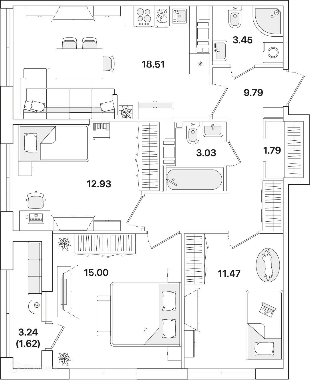Планировка 3-комнатной квартиры 77.4 м² в ЖК Академик, г. Санкт-Петербург — фото 1