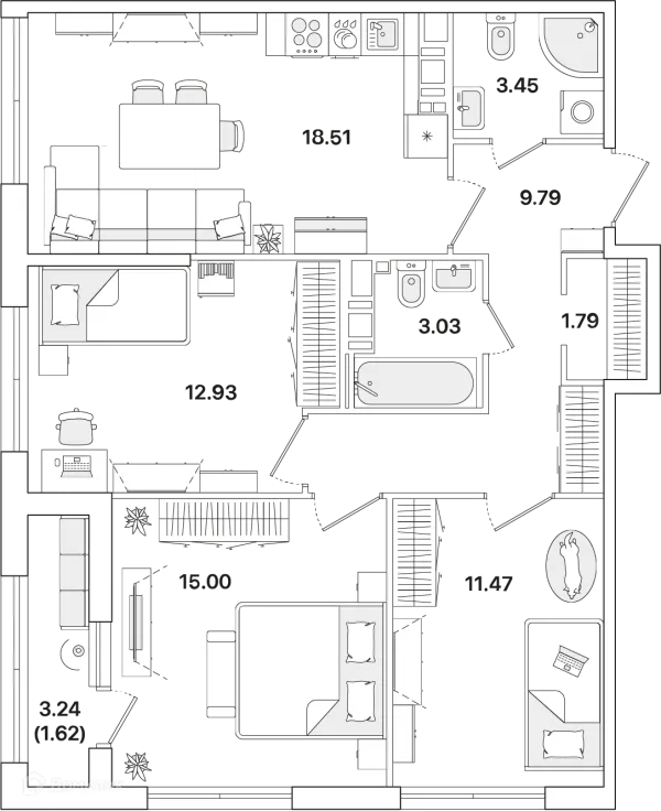 Планировка 3 комн. в ЖК Академик