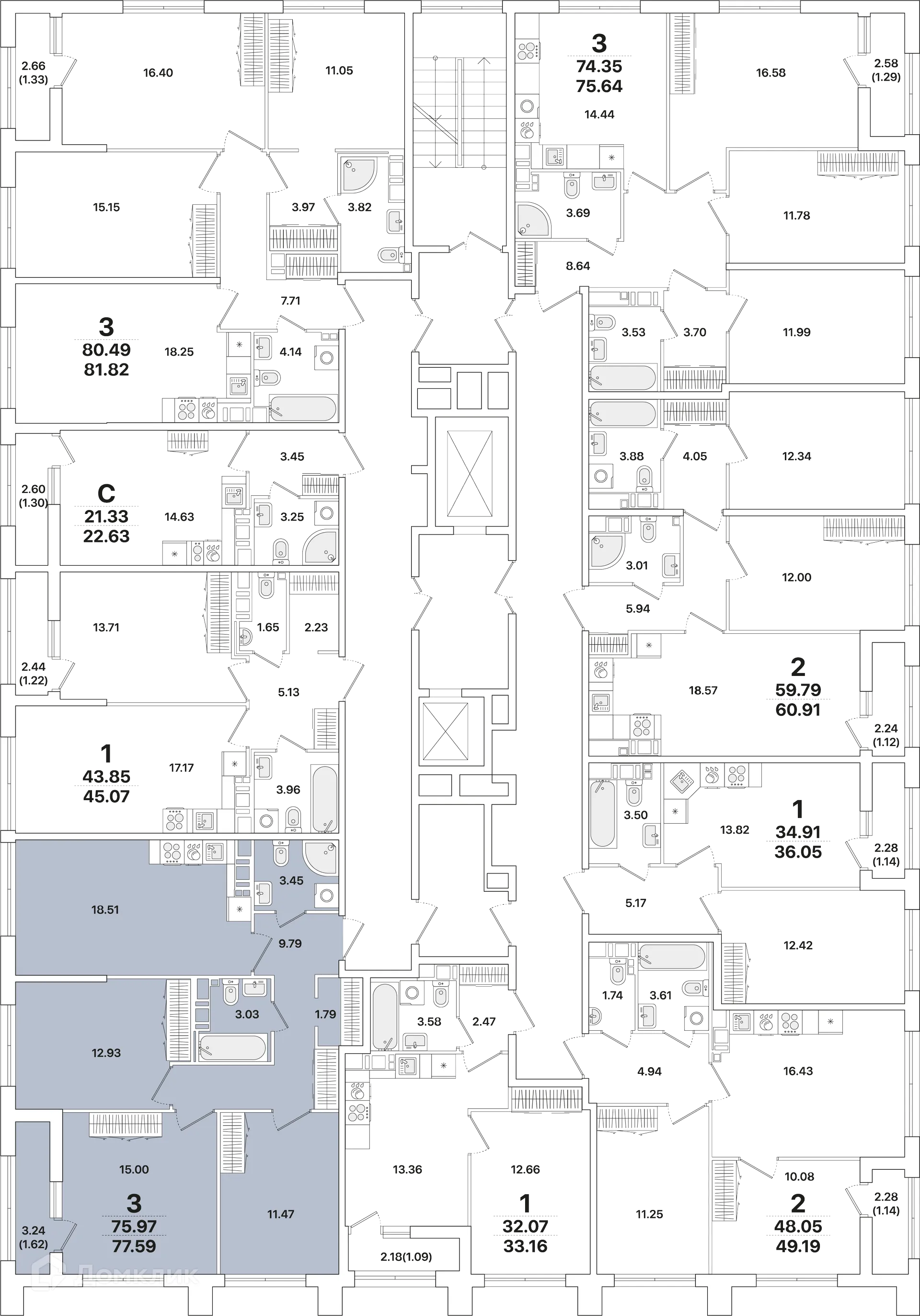 Планировка 3-комнатной квартиры 77.4 м² в ЖК Академик, г. Санкт-Петербург — фото 2