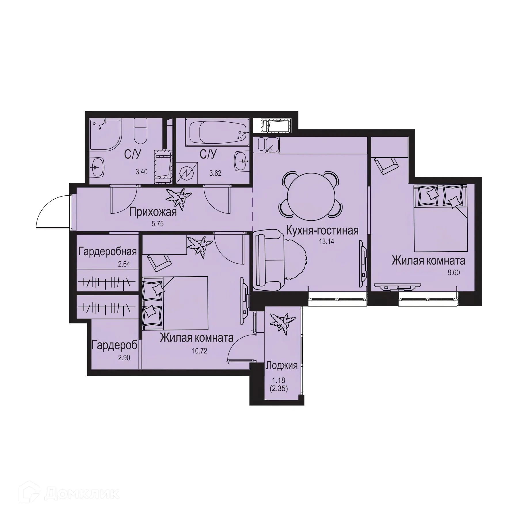 Планировка 2-комнатной квартиры 52.95 м² в ЖК ID Kudrovo II (Айди Кудрово II), г. Санкт-Петербург — фото 1