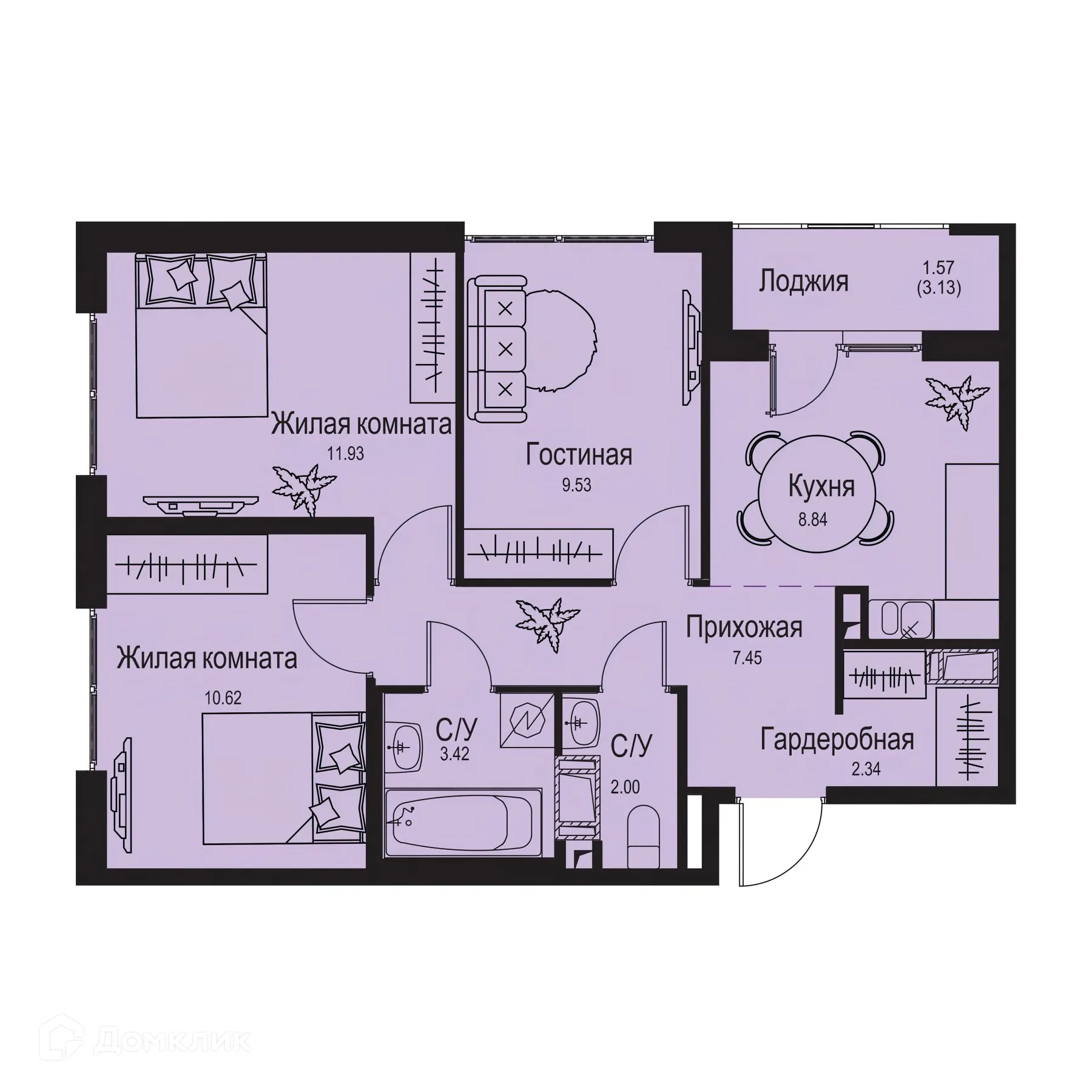 Планировка 3-комнатной квартиры 57.7 м² в ЖК ID Kudrovo II (Айди Кудрово II), г. Санкт-Петербург — фото 1