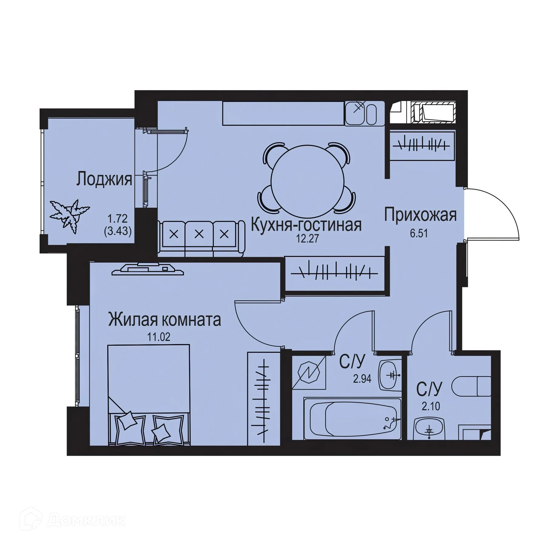 Планировка 1-комнатной квартиры 36.56 м² в ЖК ID Kudrovo II (Айди Кудрово II), г. Санкт-Петербург — фото 1