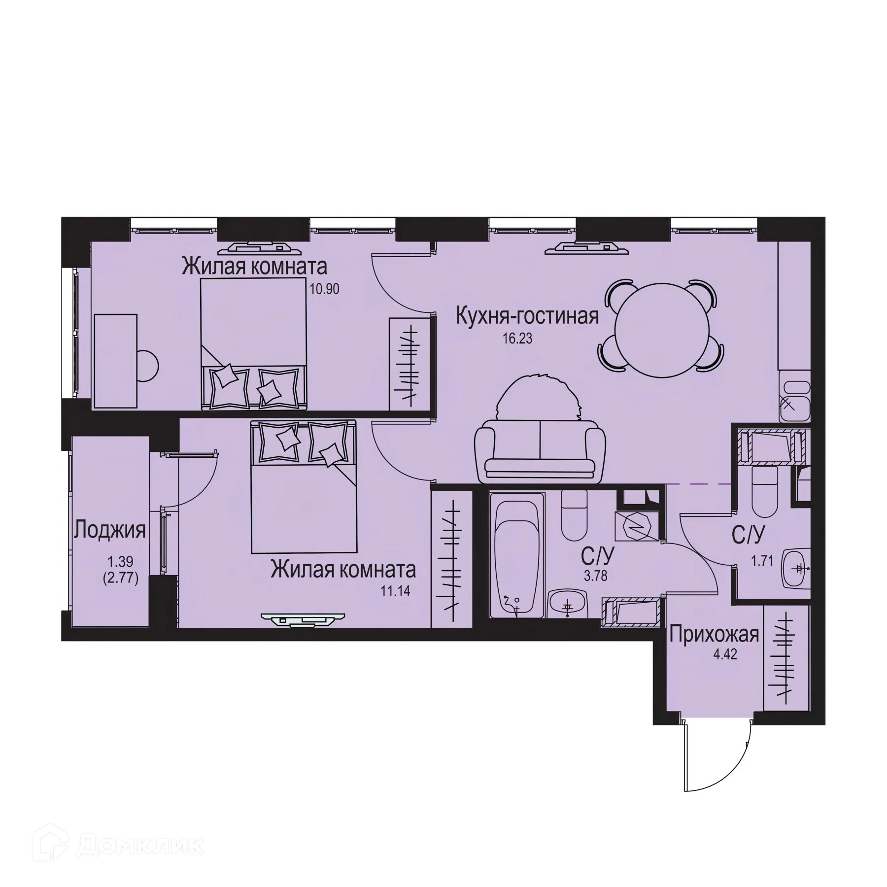 Планировка 2-комнатной квартиры 49.57 м² в ЖК ID Kudrovo II (Айди Кудрово II), г. Санкт-Петербург — фото 1