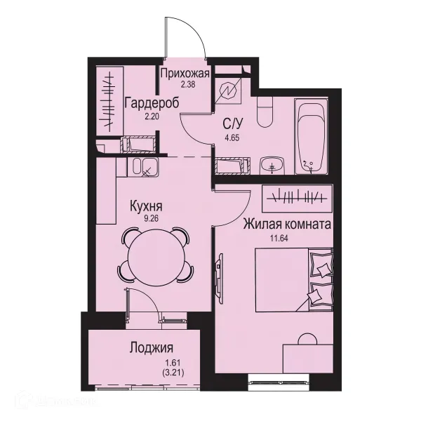 Планировка 1 комн. в ЖК ID Kudrovo II (Айди Кудрово II)
