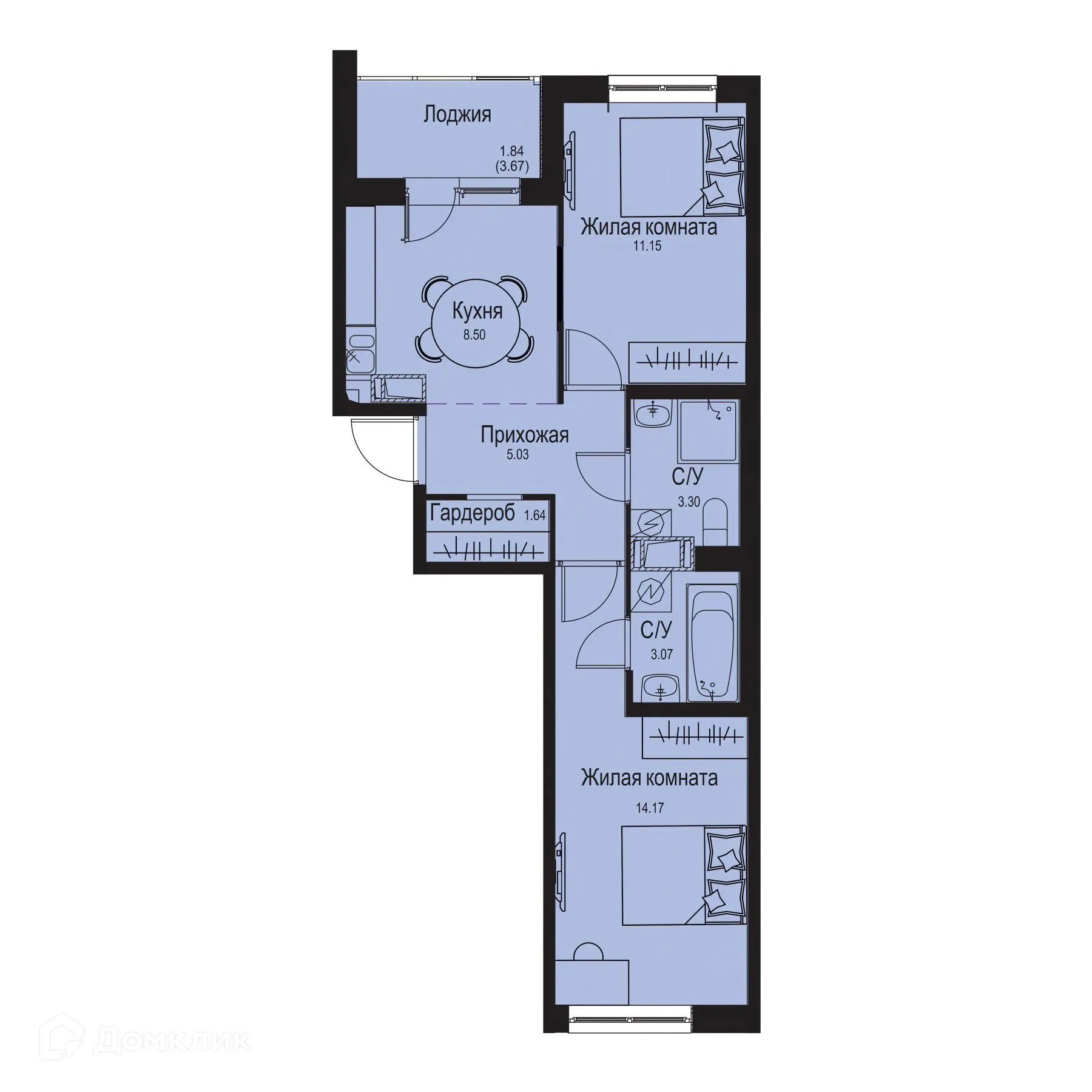 Планировка 2-комнатной квартиры 48.7 м² в ЖК ID Kudrovo II (Айди Кудрово II), г. Санкт-Петербург — фото 1