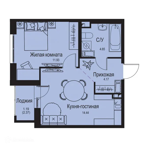 Планировка 1 комн. в ЖК ID Kudrovo II (Айди Кудрово II)