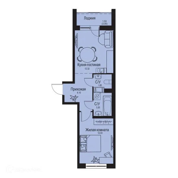 Планировка 1 комн. в ЖК ID Kudrovo II (Айди Кудрово II)