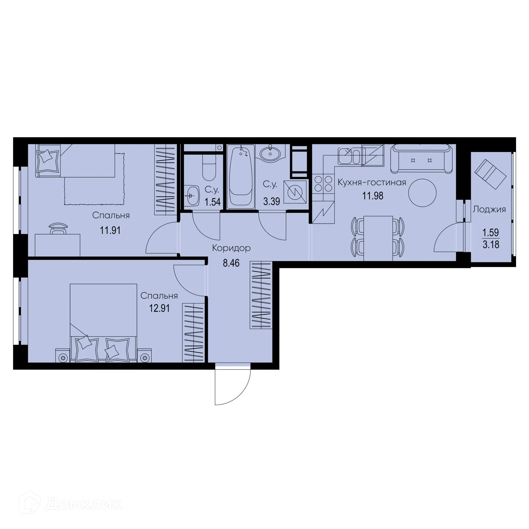 Планировка 2-комнатной квартиры 51.78 м² в ЖК ID Kudrovo II (Айди Кудрово II), г. Санкт-Петербург — фото 1