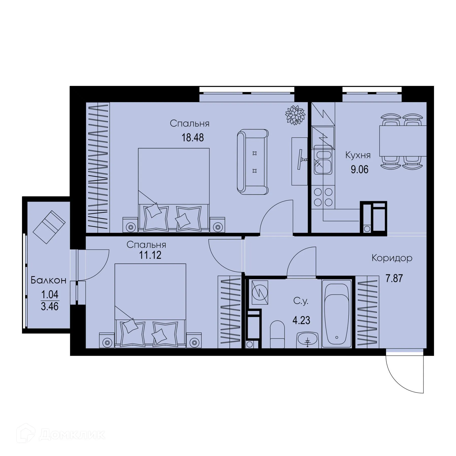 Планировка 2-комнатной квартиры 51.8 м² в ЖК ID Kudrovo II (Айди Кудрово II), г. Санкт-Петербург — фото 1